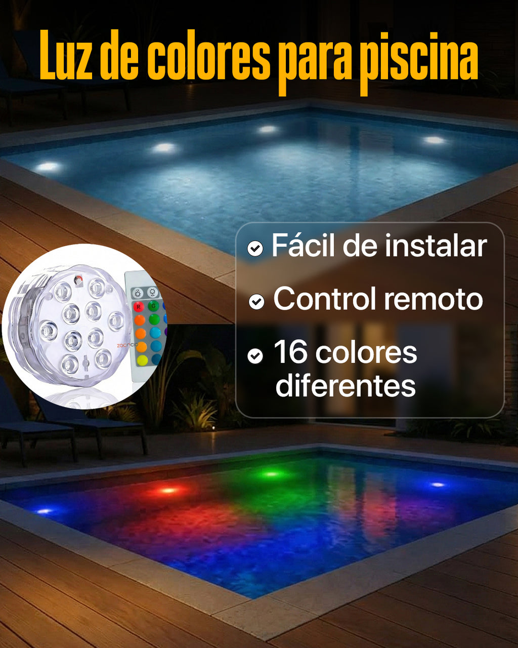 Kit de iluminación RGB para piscinas - Inalámbrico con control remoto