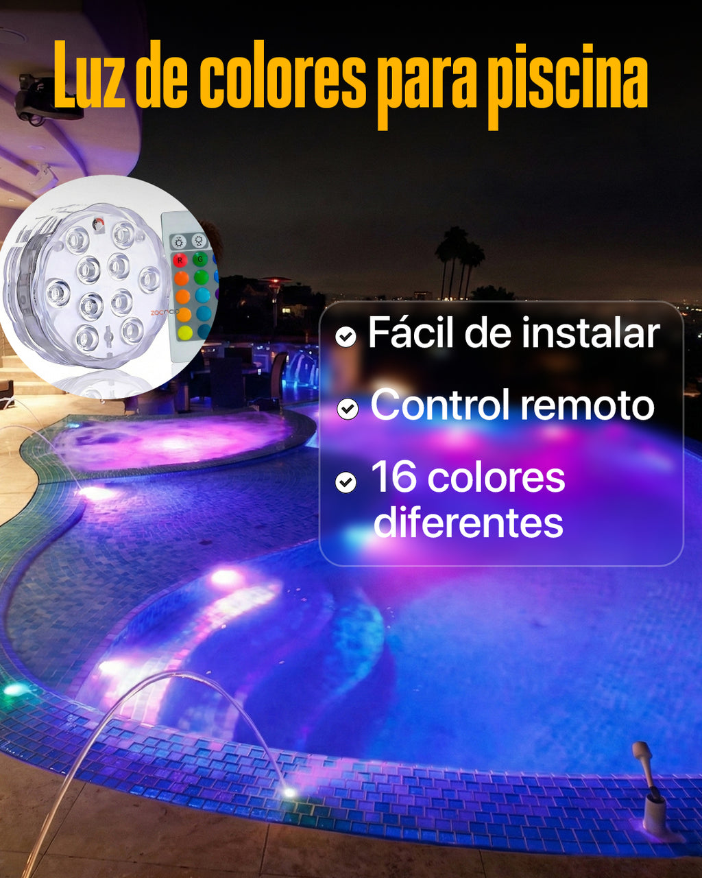 Kit de iluminación RGB para piscinas - Inalámbrico con control remoto